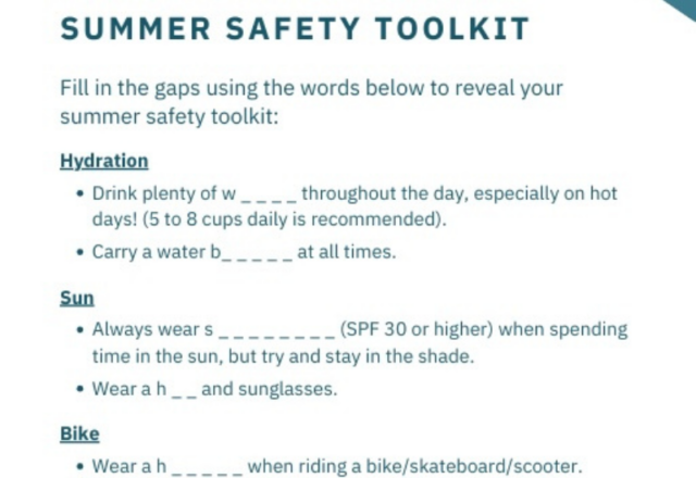 Summer Safety Toolkit Worksheet